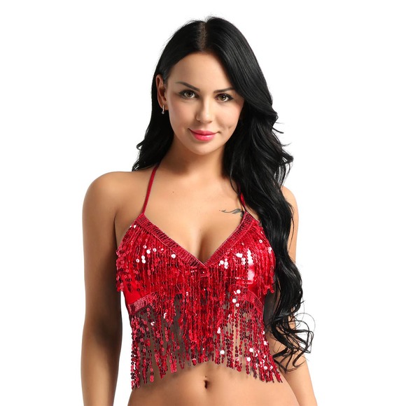 Sequins Tassel Crop Top Belly Dance Top One Size - Picture 1 of 4